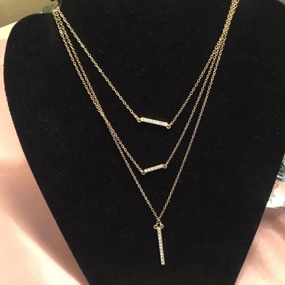 Triple Chain Goldtone Necklace With Crystal Bars